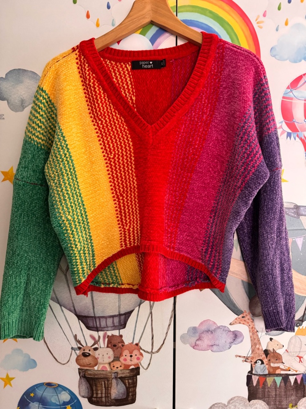 Paper heart rainbow chenille crop sweater xs